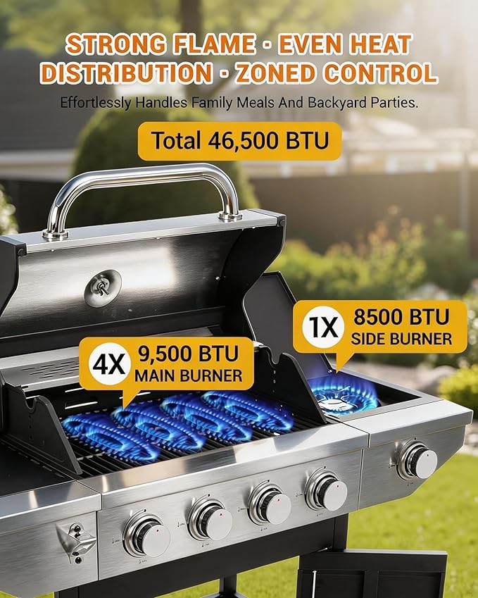 EUHOME 46500 BTU 4-Burner Propane Gas Grill with Side Burner – Stainless Steel Outdoor BBQ with Enameled Cast Iron Grates &amp Foldable Side Tables for Patio Backyard and Outdoor Cooking