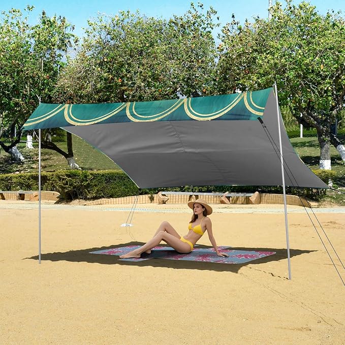 xigua Scallop Shapes Beach Tent Sun Shelter with Carrying Bag - Silver Coated Oxford Fabric Beach Canopy for Beach Camping Fishing - Includes Windproof Ropes Sandbags &amp Stakes