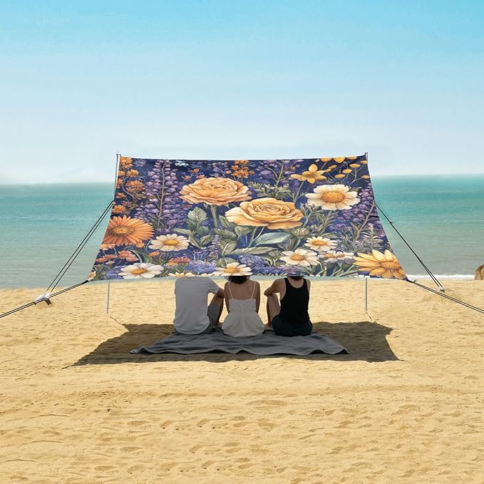 Autumn Flowers Rose Daffodil Butterflies Bees Royal Blue Beach Canopy UPF50+ Waterproof Large Sun Shelter with Sandbags Sand Shovel Poles for Family Trips Picnics &amp Camping