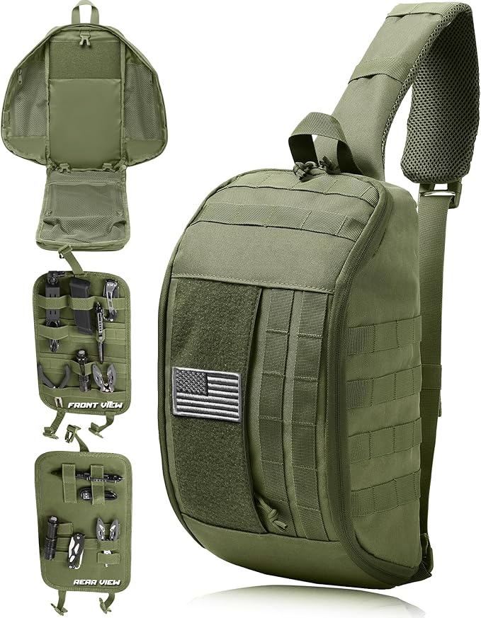 DBTAC Compact 9L Tactical Sling Bag with Removable Elastic Organizer Panel Everyday Carry Shoulder Pack for EDC Tools First Aid Travel Outdoor Sports (Green)