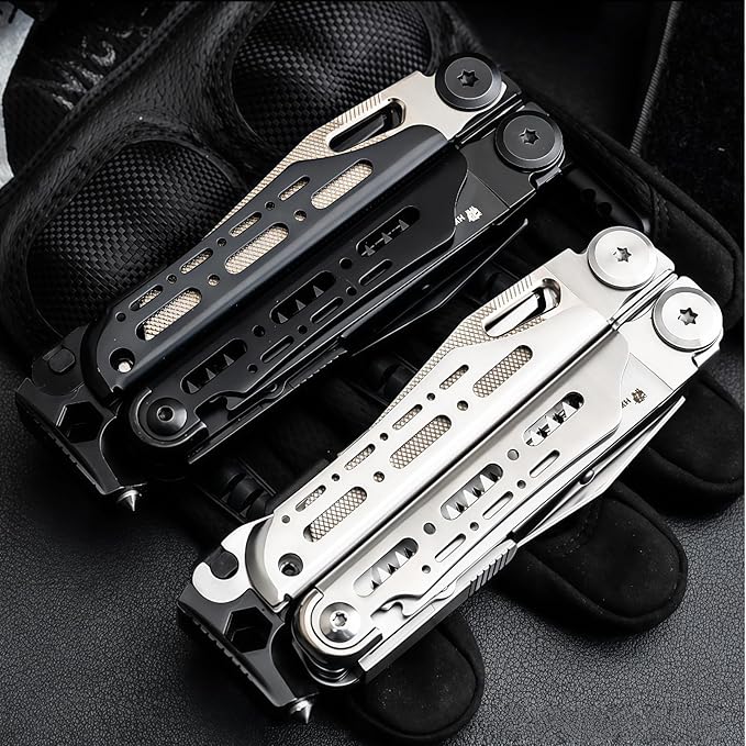 Multitool 15-in-1 Full-Size Lightweight EDC Multi-Purpose Pliers With Safety Locking Nylon Bag Tactical Gear Camping Knives &amp Tools 7CR17 BladeFlint striker Gift Ideas for Men (Black)