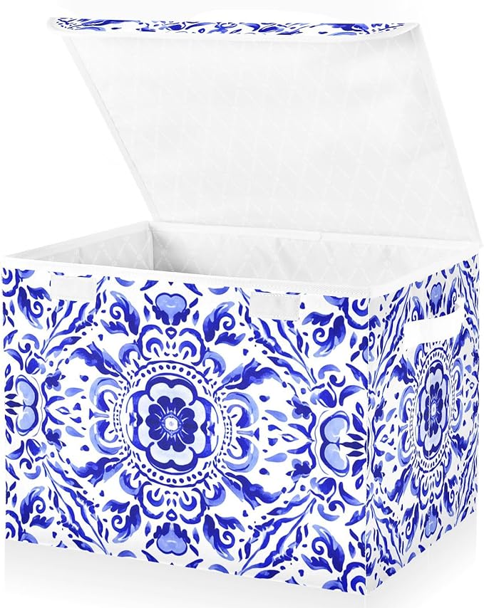 Blue Ornamental Pattern Lidded Storage Bins with Handles - 16.5x12.6x11.8 Foldable Organizing Box Oxford Fabric &amp Honeycomb Board Dust-Proof Flip Lid for Closet/Office