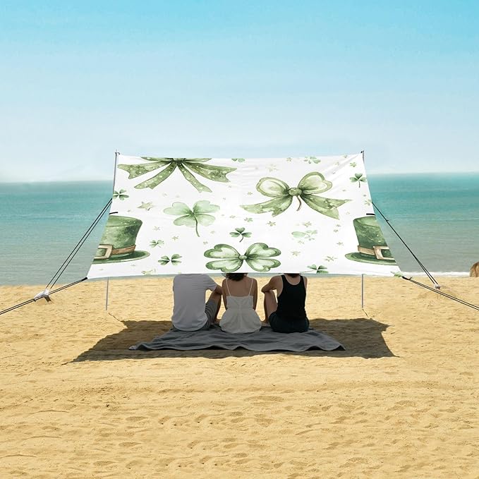 xigua St. Patrick's Day Beach Tent Sun Shelter with Carrying Bag - Silver Coated Oxford Fabric Beach Canopy for Beach Camping Fishing - Includes Windproof Ropes Sandbags &amp Stakes
