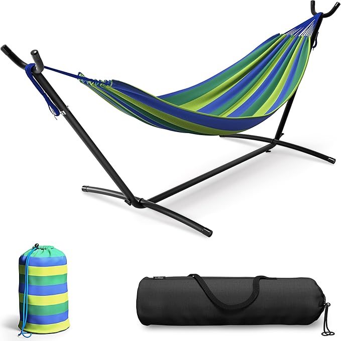 Sorbus 2-Person Hammock with Stand – 60 Cotton Blend Bed Heavy Duty 450lbs Capacity Portable with Carrying Case – for Garden Patio Outdoor Camping Gifts – Washable