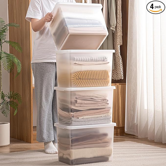 27 Quart Stackable Plastic Storage Bins with LidsContainer to Organize Shoes and Crafts on Closet ShelvesGarage Totes Tubs Boxes Organizing 4 Pack (4XL)