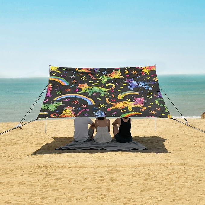 ALAZA Cat Rainbow Beach Tent Sun Shelter UPF50+ Protection Beach Shade Canopy w/ 4 Sandbags for Outdoor Camping Fishing Backyard Fun Picnic 10x9 ft