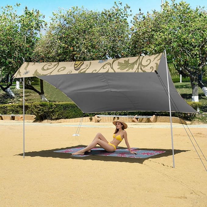 xigua Wildflowers Beach Tent Sun Shelter with Carrying Bag - Silver Coated Oxford Fabric Beach Canopy for Beach Camping Fishing - Includes Windproof Ropes Sandbags &amp Stakes