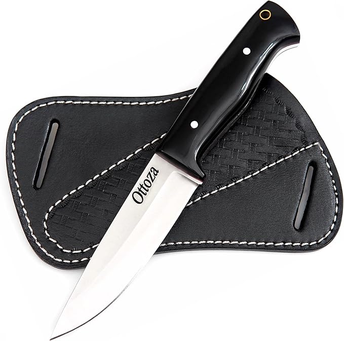 Ottoza Full Tang Bushcraft Knife with 1095 Carbon Steel Fixed Blade - Survival and Outdoor Camping Knife - Black Cross Draw Sheath and Cow Horn Handle 426