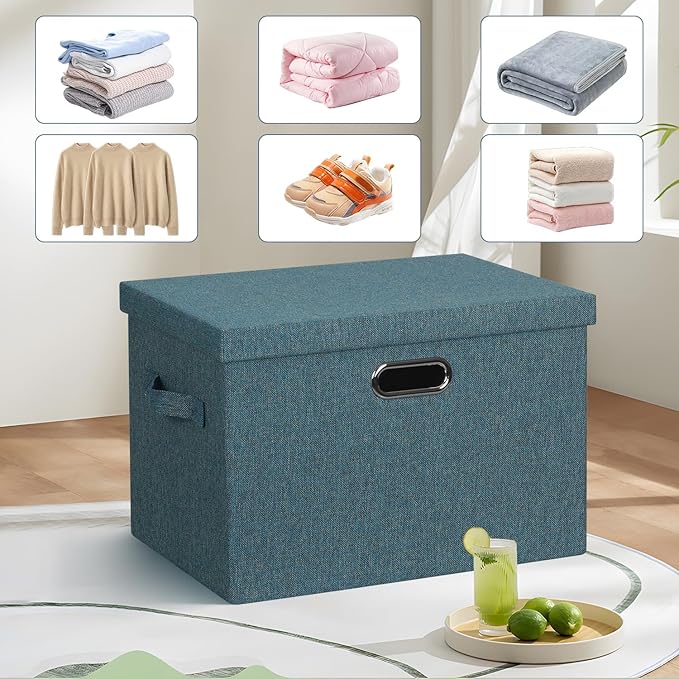 Graciadeco Large 17 36 Quart Collapsible Stackable Storage Bins with Lids 3 Packs Blue-Green Linen Fabric Closet Boxes with Lids Storage Cube Baskets Container Organizers for Bedroom (17x12x11)