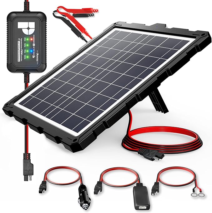 POWOXI-Upgraded-20W-Solar-Battery-Charger-Maintainer External Smart 3-Stages PWM Charge Controller 12V Solar Panel Trickle Charging Kit for Car Marine Motorcycle RV etc