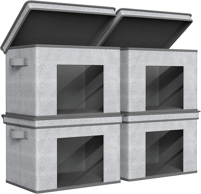Univivi Foldable Fabric Storage Boxes Large Storage Bins with Lids [4-Pack] Collapsible Storage Cube Organizer Closet &amp Bedroom Organization Containers Home Storage Cube Box (Gray 17“ x 12” x 1