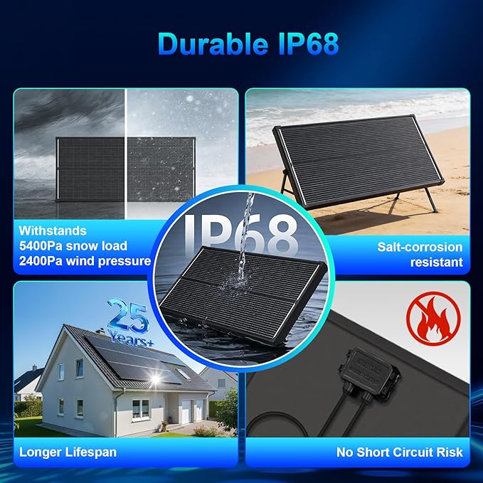 100W Solar PanelN-Type 12V 18BB 25% High-Efficiency A+ Monocrystalline Cell IP68 Waterproof Solar Panel for RV Marine Boat Trailer Camper Rooftop Farm and Other Off-Grid System (Black 100W)