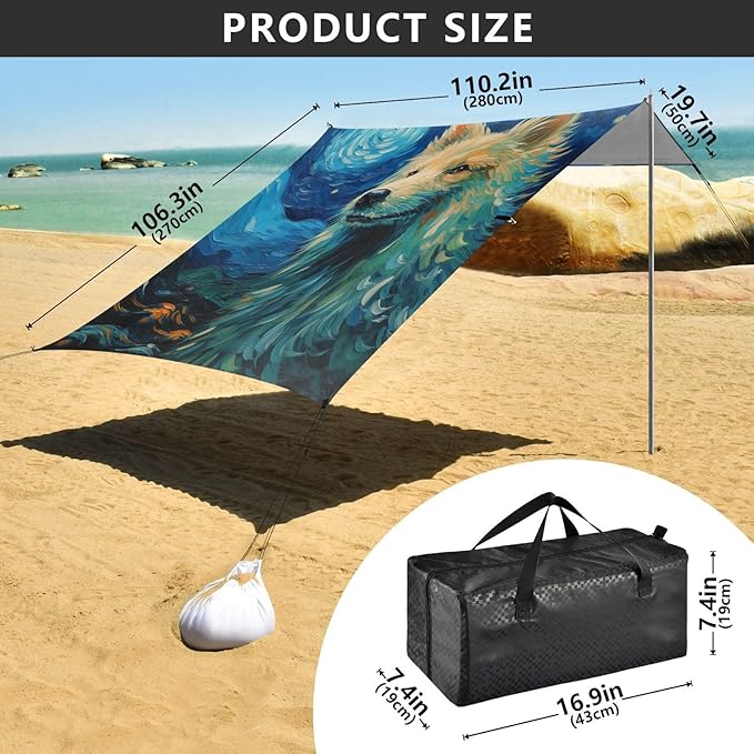 ALAZA Wolf Starry Night Galaxy Beach Tent Sun Shelter Portable Canopy Sunshade for Outdoor Camping Picnics Backyard Fun 10x9 ft