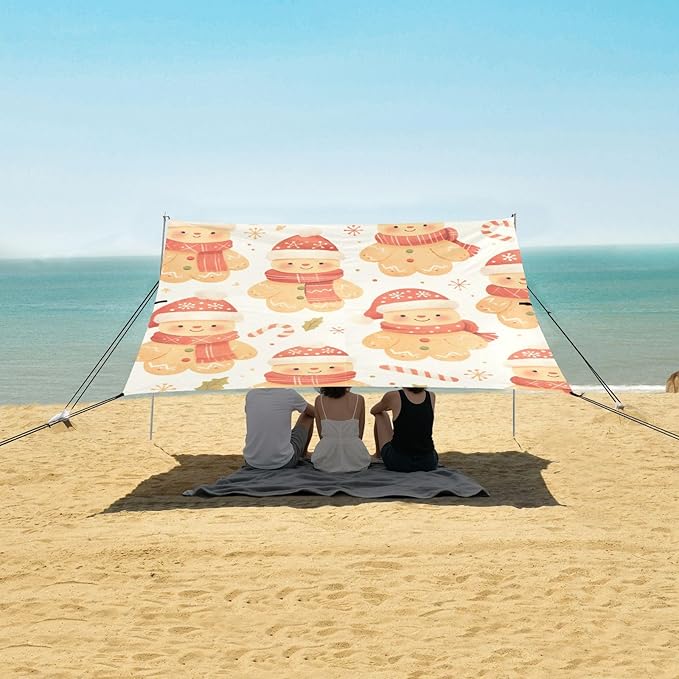 Lovely Christmas Gingerbread Man Beach Tent &amp Canopy UPF50+ Water-Resistant Large Portable Sun Shelter with Sandbags &amp Sand Shovel for Camping Picnics Backyard &amp Fishing