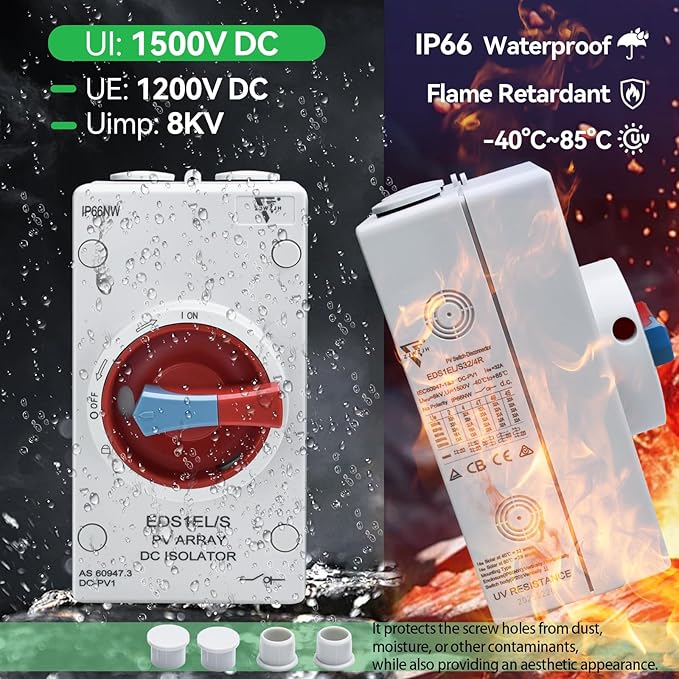 Solar Disconnect Switch 4-Pole DC1500 32A Isolator Solar Switch with Enclosure for Rooftop Solar Systems RVs and Boat Waterproof IP66 Red