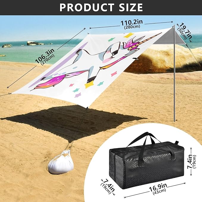 ALAZA Unicorn Dabbing Beach Tent Sun Shelter UPF50+ Protection Beach Shade Canopy w/ 4 Sandbags for Outdoor Camping Fishing Backyard Fun Picnic 10x9 ft