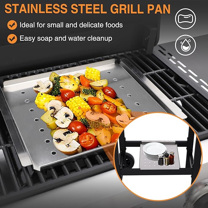 Propane Gas Grill with Folding Side Tables 3-Burner Gas Grill with Cast Iron Grates and Stainless Steel Griddle Pan Outdoor BBQ Grill Portable with Wheels 30000 BTU Output
