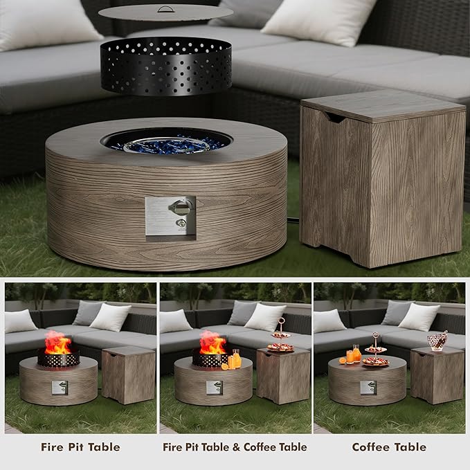 30 Round Propane Fire Pit Table - 50K BTU with Lid Rocks Tank Storage and Cover - Round Gas Fire Pits for Outside Patio - Outdoor Table with Firepit (Teak Finish 30 Round)