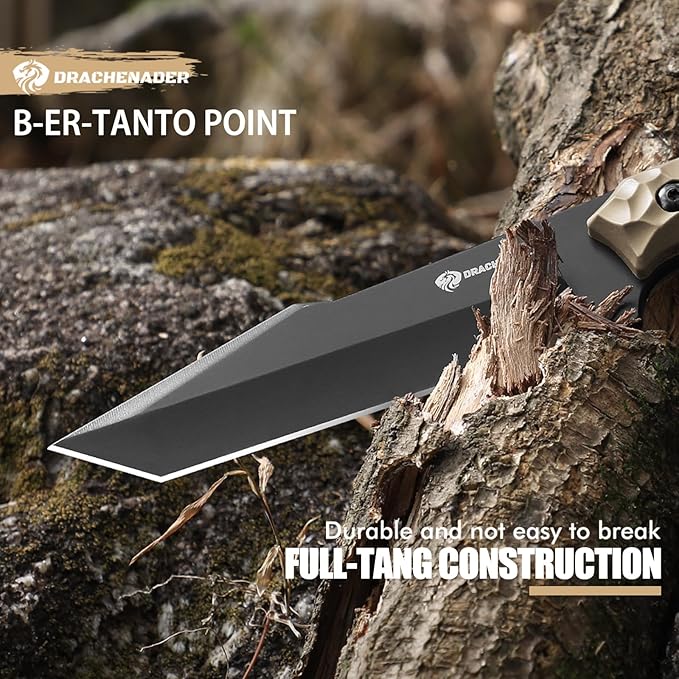 DRACHENADER B-ER-TANTO POINT Fixed Blade Tanto Knife with Sheath 5cr14mov Steel 9.29 Tactical Knife for Men with Full Tang Design Khaki
