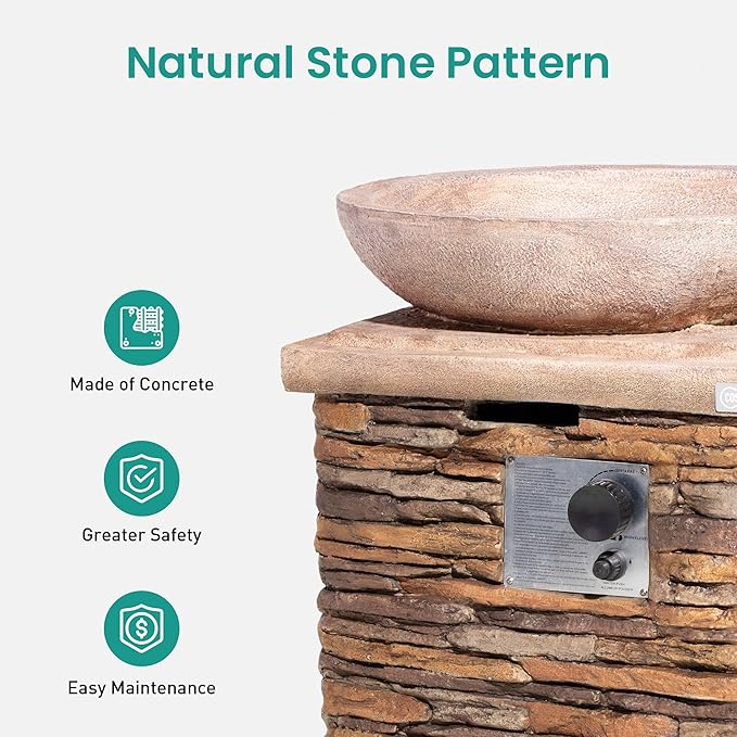 SUNBURY Outdoor Propane Fire Pit Gas Fire Pit for Outside Patio Stone Outdoor Fire Table Fire Column 40000 BTU Propane Fire Tables Firepit Table w Lava Rocks CSA Certified Waterproof Cover