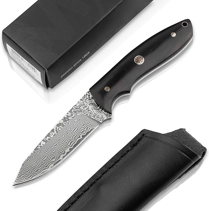 BOKER MAGNUM® Vernery Damascus Knife - Fixed Blade Hunting Knife with 67-Layer Damascus Blade – Ebony Wood Handle – Includes Black Leather Sheath