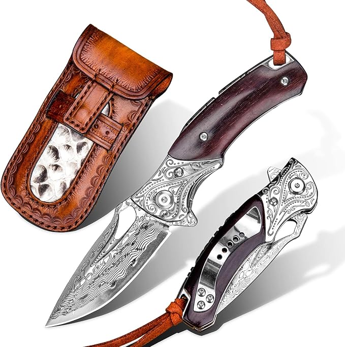 Handmade Damascus Steel Flipper Folding Knife with Pocket Clip Liner Lock Tactical Knife for Camping Hunting Fishing and EDC
