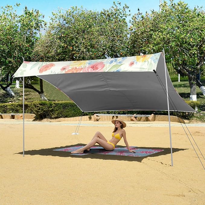xigua Wlidflowers Beach Tent Sun Shelter with Carrying Bag - Silver Coated Oxford Fabric Beach Canopy for Beach Camping Fishing - Includes Windproof Ropes Sandbags &amp Stakes