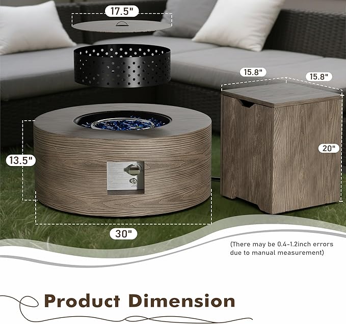 30 Round Propane Fire Pit Table - 50K BTU with Lid Rocks Tank Storage and Cover - Round Gas Fire Pits for Outside Patio - Outdoor Table with Firepit (Teak Finish 30 Round)