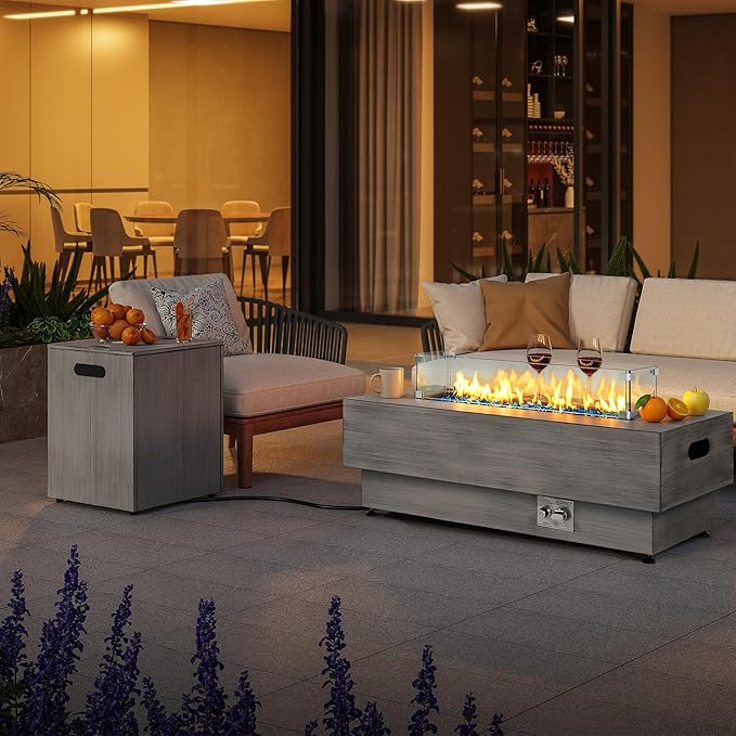 IRONCK 43-inch Outdoor Propane Fire Pit Table w Tank Table CSA Certified 2 in 1 Rectangular Patio Fire Pit w Glass Rocks Wind Guard and Cover 50000 BTU Outside Heater for Pool Vintage Gray