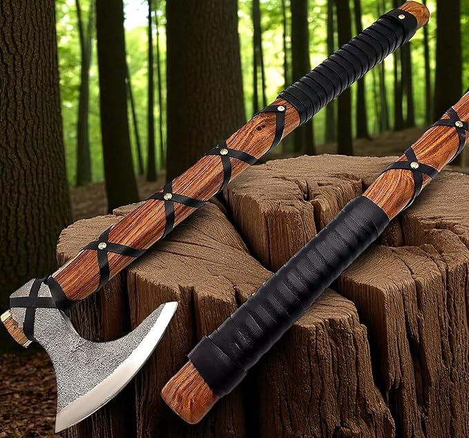 Poshland AX-7000 Custom Gift Forged Carbon Steel Viking Axe with Rose Wood Shaft Viking Bearded Camping Axe (AX-7000) (AX-5936)