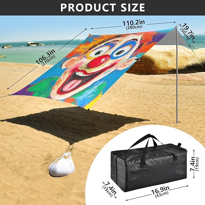 Clown Making Funny Faces at The Circus Foldable Beach Tent UPF50+ Water-Resistant Shade Sun Shelter with Sand Shovel for Backyard and Camping