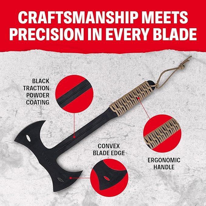 Condor Tool &amp Knife Throwing Axe Double Bit - 1075 High Carbon Steel - Solid Felling Axe with Canvas with Leather Belt Loop Sheath - Steel Handle Wrapped in Paracord - 7in Blade - 26.8oz