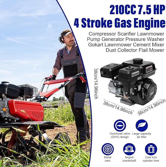7.5 HP 4 Stroke Gas Engine 210CC Pull Start Petrol Engine Replaces Compatible for Honda GX160 Air Cooled Single Cylinder OHV Gas Engine Motor for Cleaning Machines (Black)