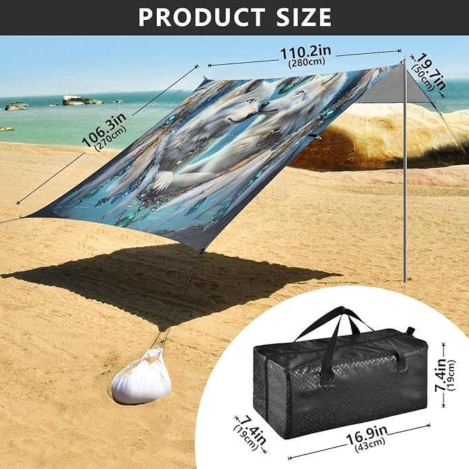 ALAZA Arctic Wolf Dreamcatcher Beach Tent Sun Shelter UPF50+ Protection Beach Shade Canopy w/ 4 Sandbags for Outdoor Camping Fishing Backyard Fun Picnic 10x9 ft