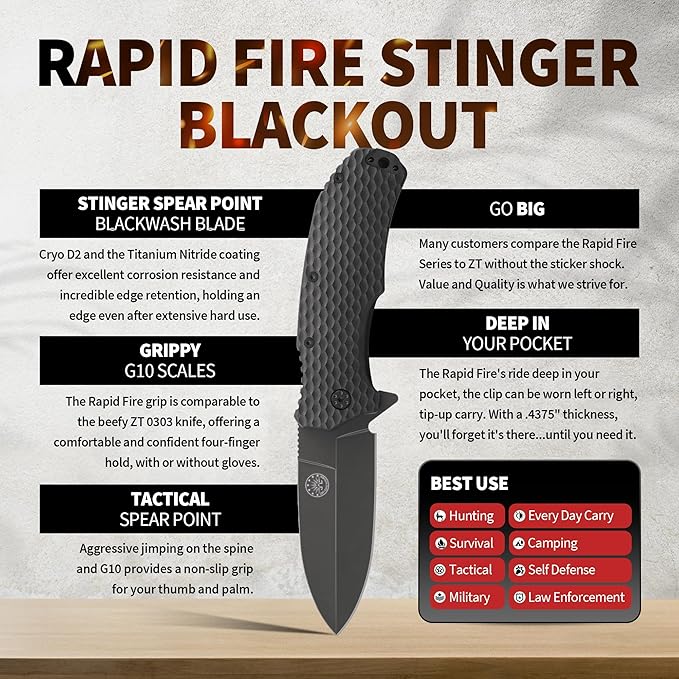 Off-Grid Knives - Rapid Fire Stinger Assisted Spear Point Blade Hard Use Build Tactical Camping &amp Survival EDC Cryo D2 Steel G10 Scales Deep Pocket Carry (Blackout)