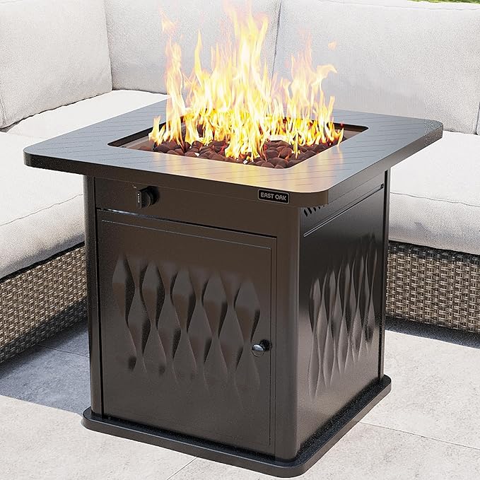 EAST OAK 28'' Steel Propane Fire Pit Table 50000 BTU CSA Certified Fire Table with Magnetic Lid Steel Gas FirePit for Outdoor and Garden Cover-Storage Basket and Lava Rock  Chocolate Coffee