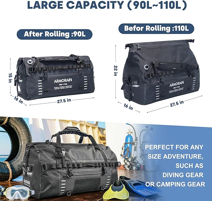 90L-110L large Capacity Airtight Waterproof Travel Dry BagEquipped with Durable Inflatable Shoulder Straps and Handles Suitable for Diving Equipment Motorcycles Rowing Kayaking Camping