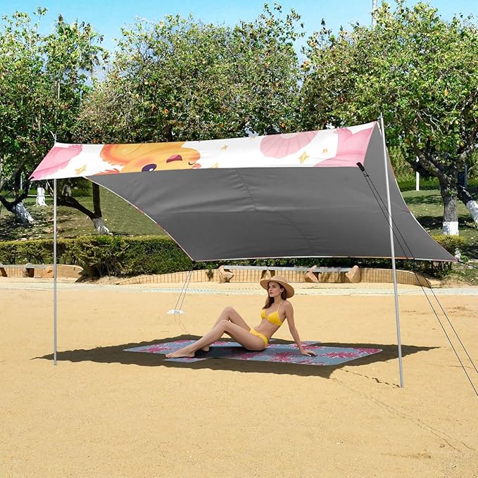 ALAZA Cute Axolotl Salamander Shell Beach Tent Sun Shelter UPF50+ Protection Beach Shade Canopy w/ 4 Sandbags for Outdoor Camping Fishing Backyard Fun Picnic 10x9 ft