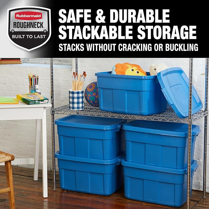 Rubbermaid Roughneck Tote 14 Gal 6 Pack Made in USA Heritage Blue Rugged Plastic Stackable Storage Bins with Lids and Handles