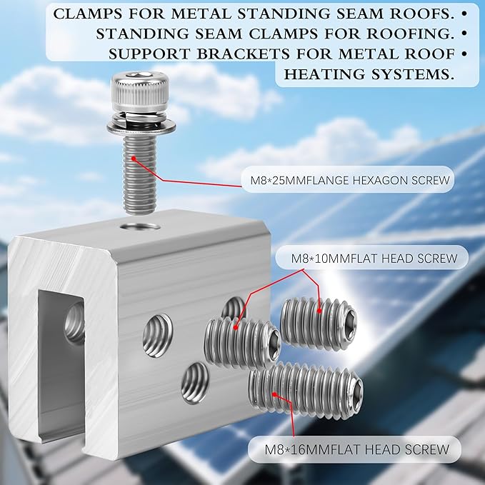 48 PCS Metal Roof Panel Clamps for Standing Seam Roofs Non-Penetrating Aluminum Brackets with Stainless Steel Screws for Solar Racking Systems Snow Guards and Heat Cables U-Shaped Base