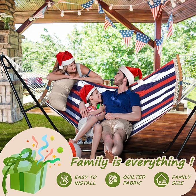 Double Hammock 11 FT Quilted Fabric 2 Person Hammock for Outside with Pillow Folding Curved Spreader Bar Chains Carrying Bag Indoor Outdoor 450 IB Capacity Trinidad Red