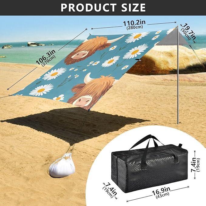 ALAZA Highland Cattle Daisy Pattern Beach Tent Sun Shelter Portable Canopy Sunshade for Outdoor Camping Picnics Backyard Fun 10x9 ft