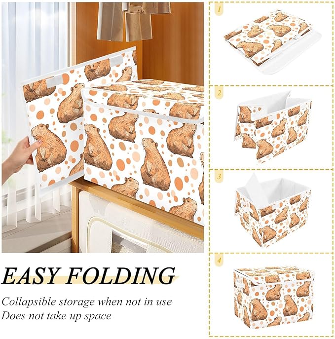 Capybara Dots Storage Cube Bins Basket with Lid Collapsible Flip-top Fabric with Handle for Home Bedroom Closet Office 16.5×12.6×11.8 in