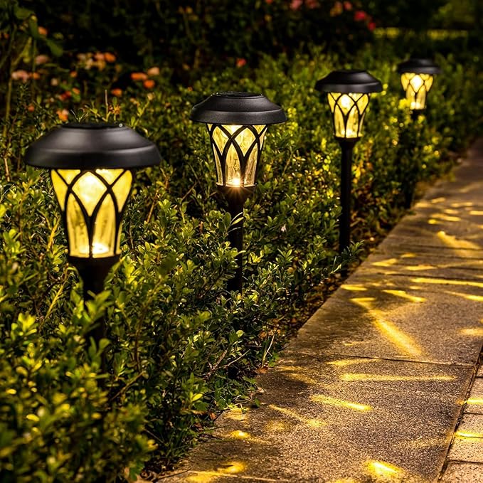 GIGALUMI 6 Pack Solar Pathway Lights Outdoor Metal Glass &amp ABS Solar Landscape Lights Waterproof IP65 Warm White Solar Powered Garden Lights for Yard Patio Walkway Driveway (Black)