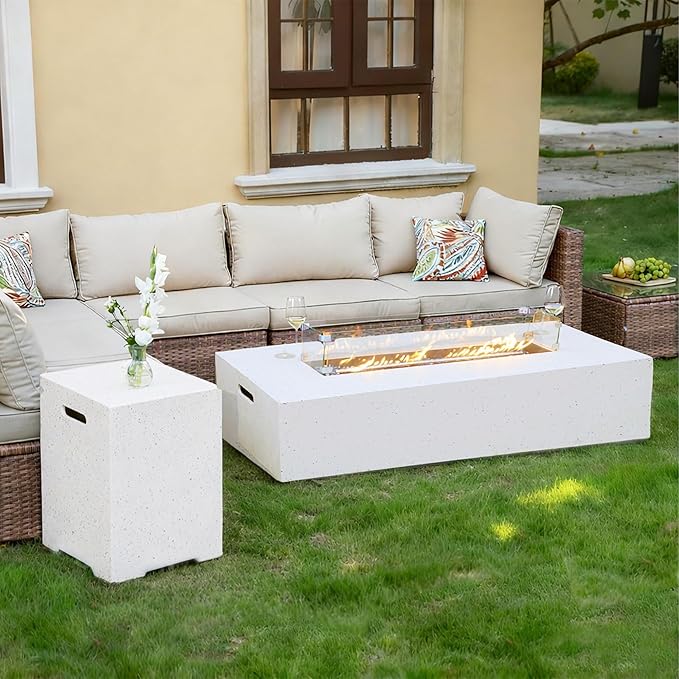 NAGA HABNA Propane Fire Pit Table Outdoor Fire Table (50000 BTU) Gas Fire Pit for Garden Pool Backyard (Spotted White 56 L * 28W * 13H)