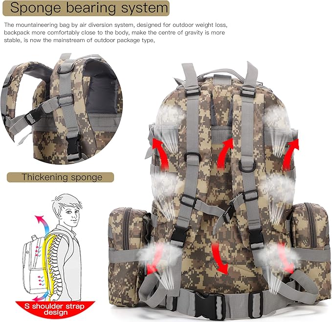 Military Tactical Backpack 45+10L Army 3 Day Assault Pack Molle Camping Hiking Rucksack Traveling Daypack