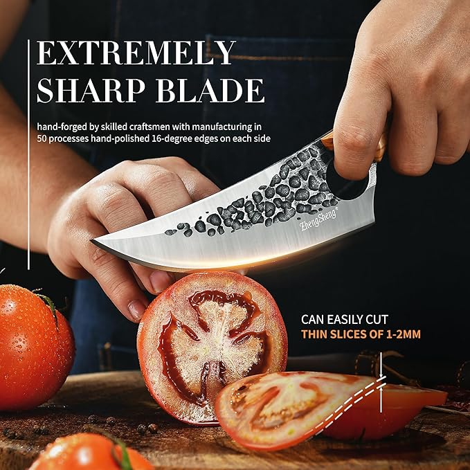 ZhengSheng Chef Knife Great Kitchen Knife with Leather Sheath Olive Wooden Handle Japanese Style Forged Viking knives for Home Cooking Camping BBQ