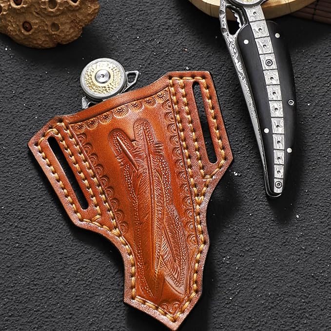 Damascus Steel Folding Knife HRC 60 Pocket Knife for Men Hand Forged Damascus Steel Blade Vegetable Tanned Leather Sheath Ebony Handle Hunting Knives &amp Tools Gifts for Guys
