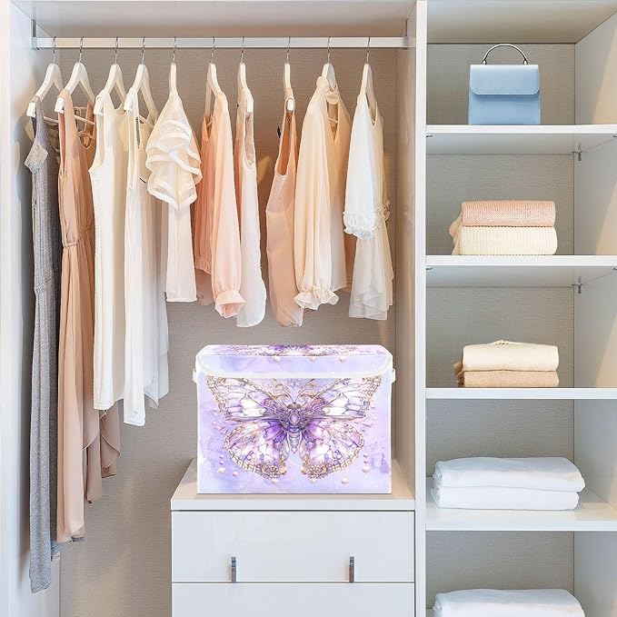 MNSRUU Containers Baskets with Lids Fantasy Purple Butterfly Foldable Storage Bins Organizer with Lid Collapsible Storage Boxes for Home Bedroom Closet Office