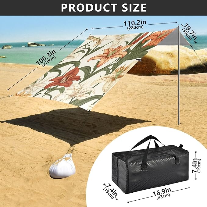 ALAZA Colorful Lily Vintage Flowers Garden Beach Tent Sun Shelter Portable Canopy Sunshade for Outdoor Camping Picnics Backyard Fun 10x9 ft